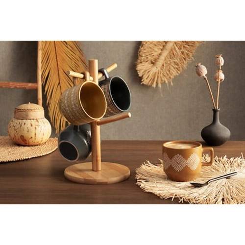 Zestaw 4 kubki ceramiczne Mosquito 230 ml na stojaku bambusowym rustykalne do kawy