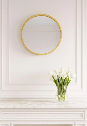 Lustro okrągłe Afiya 30 cm złote do przedpokoju w drewnianej ramie wiszące