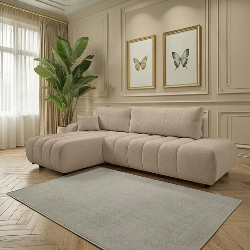 Narożnik z funkcją spania Hobro beżowy lewy nowoczesny do salonu z pojemnikiem