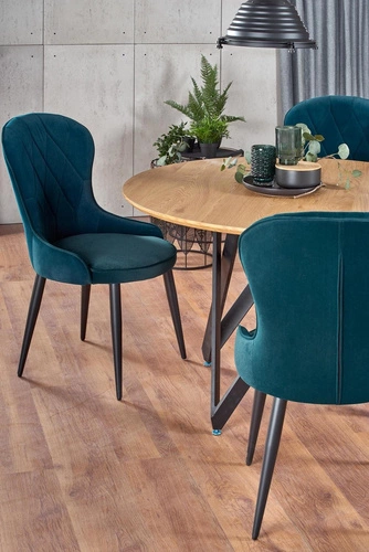 Stół okrągły do jadalni Zambia 120 cm nowoczesny dąb złoty z czarnymi nogami Intesi