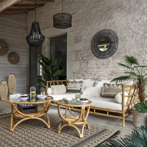 Stolik kawowy okrągły Farah 60 cm rattanowy z półką boho szklany do salonu Atmosphera