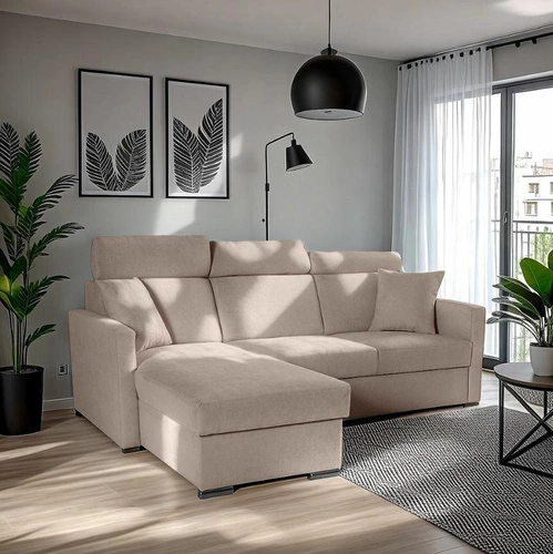 Narożnik z funkcją spania Mils beżowy do salonu nowoczesny z pojemnikiem na pościel