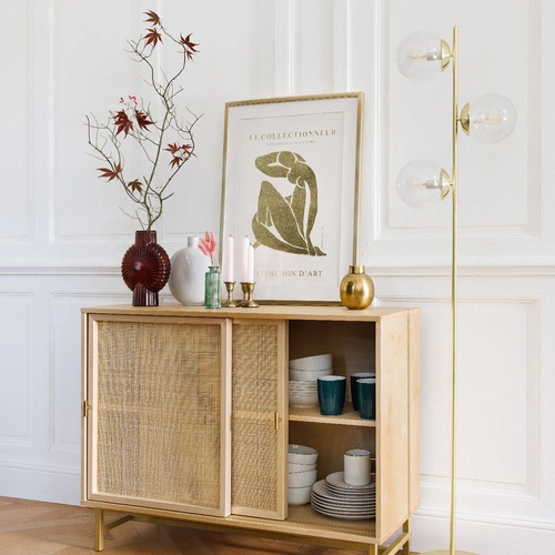 Lampa podłogowa złota Collectionneur Atmosphera glamour do salonu z trzema szklanymi kloszami