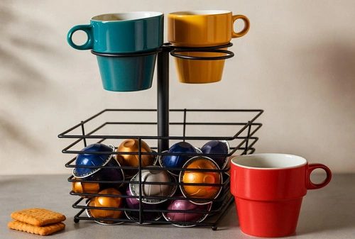 Stojak z 4 kubkami 260ml i koszykiem