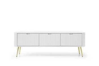 Szafka RTV Seda biała z frezowanym frontem i złotymi nogami nowoczesna do salonu 168 cm