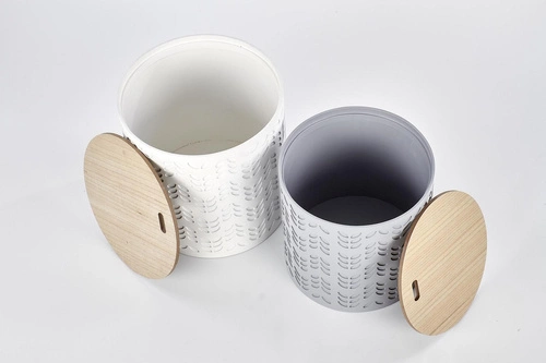 Zestaw dwóch okrągłych stolików kawowych Lamba biały nowoczesny z pojemnikiem do salonu