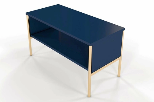 Stolik kawowy Polka prostokątny drewniany niebieski ze złotymi nogami z półką do salonu SKANDICA