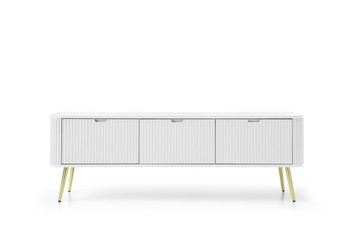 Szafka RTV Seda biała z frezowanym frontem i złotymi nogami nowoczesna do salonu 168 cm