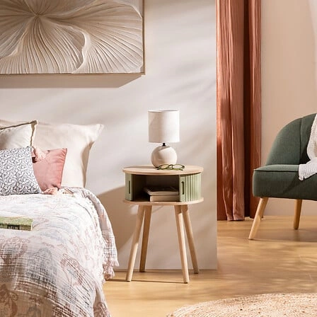 Szafka nocna 40 cm boho zielona szałwia z półką Atmosphera styl skandynawski rustykalny