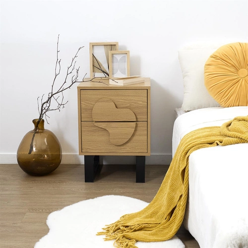 Szafka nocna Intesi Calypso 40 cm z 2 szufladami w stylu boho, naturalny dąb/czarny, elegancka i funkcjonalna do sypialni