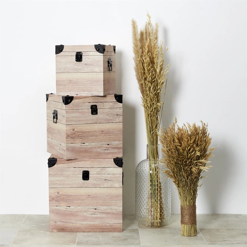 Intesi zestaw 3 pudełek dekoracyjnych kwadratowych z efektem drewna do sypialni boho