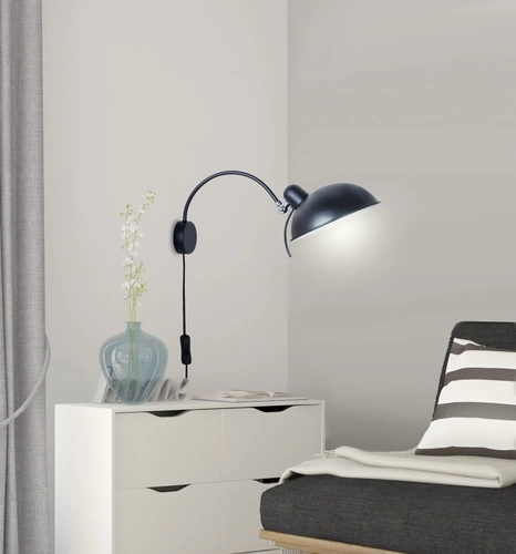 Kinkiet ścienny Nora czarny metalowy z wysięgnikiem i wyłącznikiem do sypialni i salonu