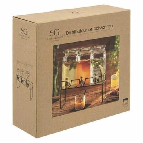 Zestaw 3 szklanych słojów do napojów 1,5l z kranikiem na metalowym stojaku 5five simply smart