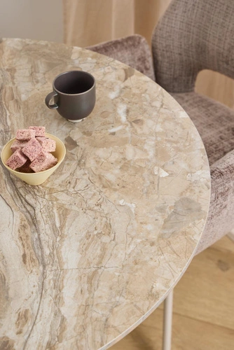 Stół okrągły Malta Actona 90 cm do jadalni ceramika brąz beż nowoczesny