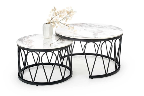 Zestaw 2 okrągłych stolików kawowych Mimosa biały marmur glamour do salonu 2w1 Intesi