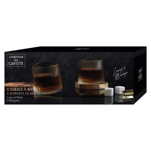 Zestaw 2 szklanek do whisky Intesi z podkładkami z drewna akacjowego 7,3 cm