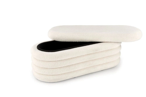 Ławka ze schowkiem Lessi kremowa bouclé do przedpokoju i sypialni w stylu boho