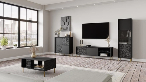 Komoda czarna Afir 155 cm nowoczesna na złotych nogach do salonu Intesi push to open