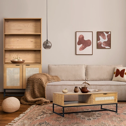 Regał na książki Capri boho rattanowy z szafkami i półkami do salonu i sypialni Intesi