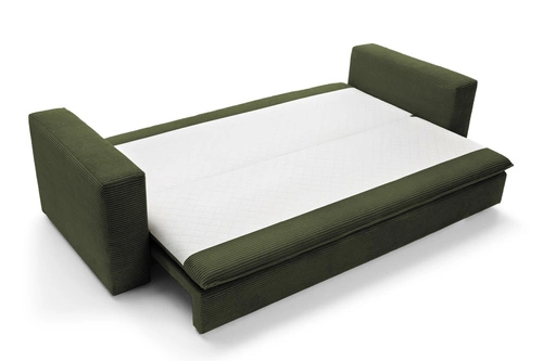 Sofa rozkładana z funkcją spania Ulnes 3 osobowa sztruksowa oliwkowa do salonu z pojemnikiem