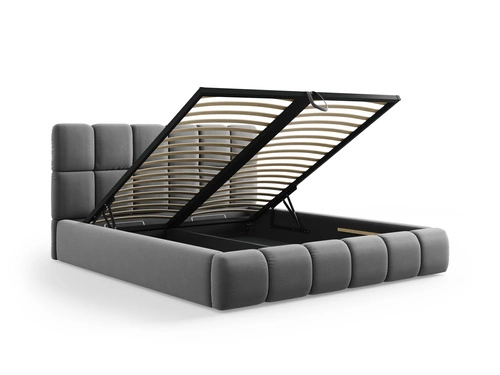 Łóżko tapicerowane Bellis szare welurowe 160x200 z pojemnikiem do sypialni glamour