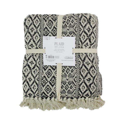 Narzuta bawełniana etniczna czarno-biała z frędzlami 120x150cm Intesi na łóżko