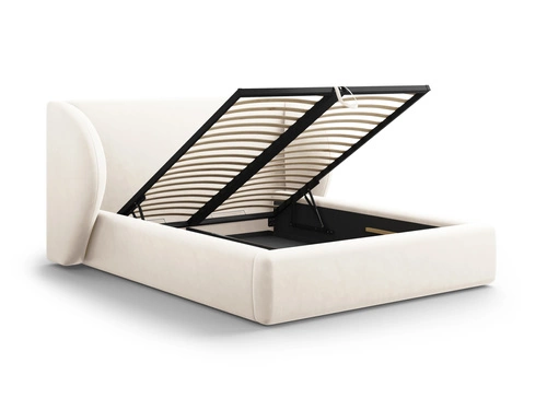 Łóżko tapicerowane Miley II beżowe welurowe 140x200 z pojemnikiem do sypialni