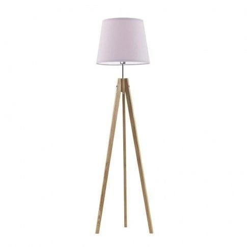 Lampa stojąca do salonu drewniana trójnóg z abażurem fioletowym glamour ARUBA Lysne