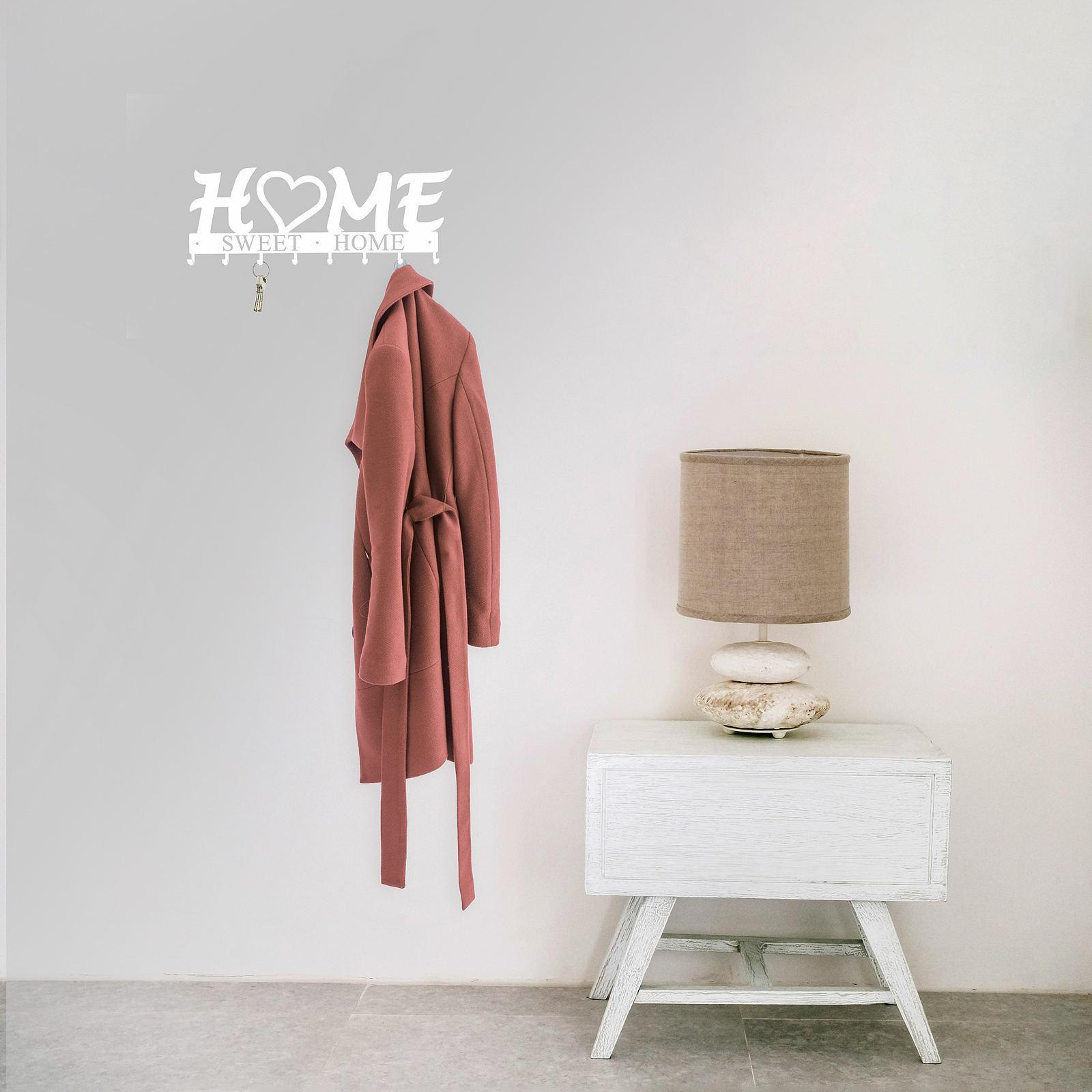 Wieszak ścienny do przedpokoju biały metalowy Home Sweet Home nowoczesny Intesi 8 haczyków