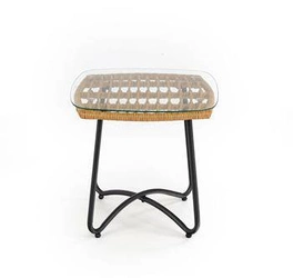 Stolik kawowy Surabaya kwadratowy boho rattanowy z blatem szklanym czarny do salonu 51x51 cm
