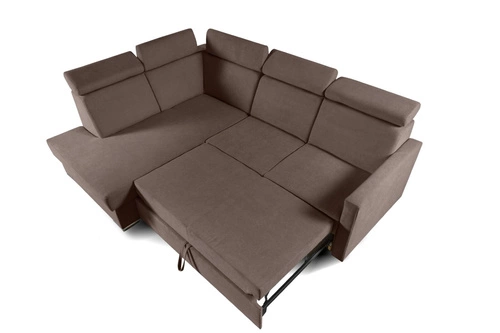 Narożnik z funkcją spania Mils XL lewostronny brązowy do salonu nowoczesny z pojemnikiem