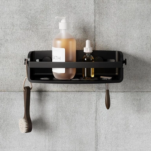 Umbra FLEX czarna półka łazienkowa pod prysznic GEL-LOCK nowoczesna z haczykami bez wiercenia