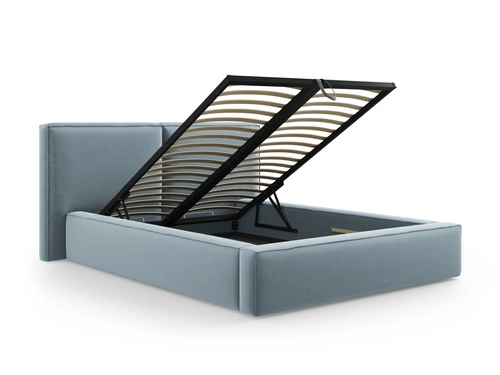 Łóżko tapicerowane Jodie II 200x200 z pojemnikiem welurowe niebieskie do sypialni glamour