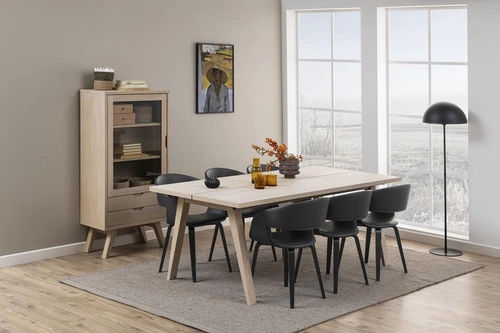 Komoda A-Line dąb bielony nowoczesna z szufladami i witryną na wysokich nogach do salonu 72 cm Actona