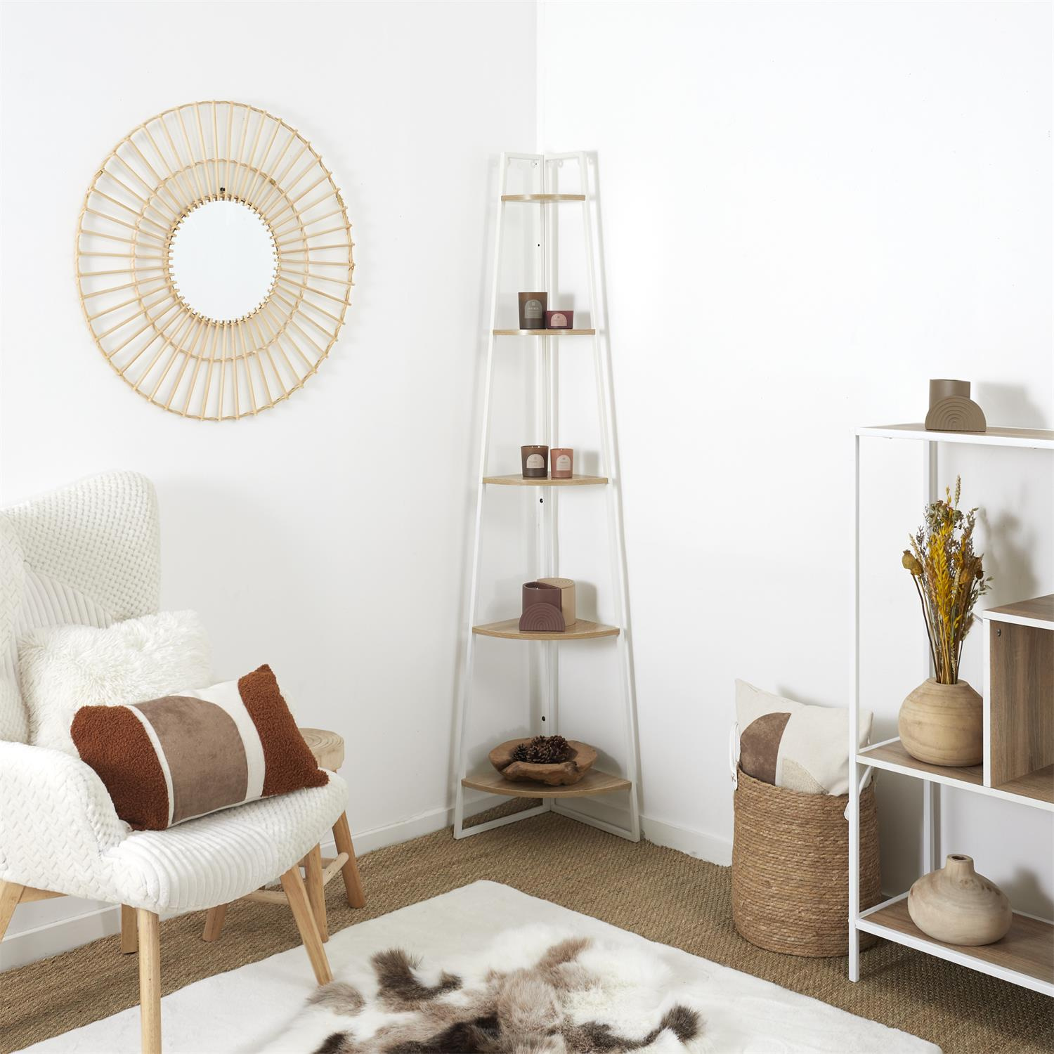 Regał narożny na książki do salonu Corner 180 cm biały loftowy z 5 półkami Intesi