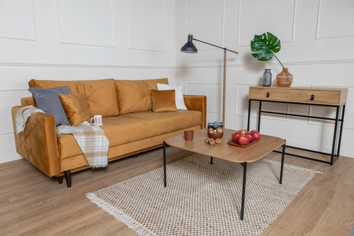 Sofa rozkładana z funkcją spania Saxo 2 osobowa do salonu nowoczesna żółta z pojemnikiem