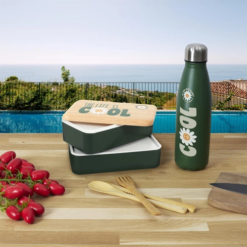 Lunchbox Intesi zielony dwupoziomowy z drewnianym wieczkiem i butelką do pracy lub szkoły