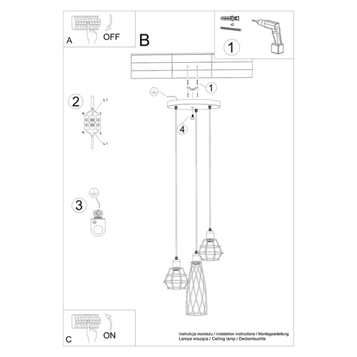 Industrialna lampa wisząca SUBA 3P czarna metalowa do salonu i nad stół 3-punktowa