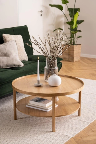 Stolik kawowy Banbury okrągły 80cm dębowy z półką nowoczesny skandynawski do salonu Actona