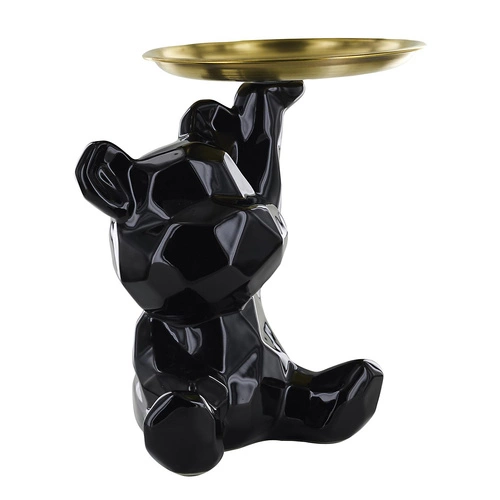 Figurka dekoracyjna miś origami czarna ze złotą tacą ceramiczna do salonu Intesi