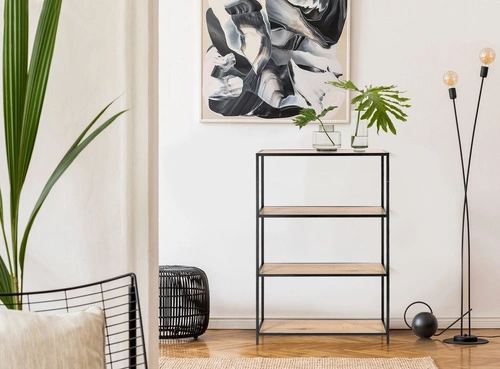 Regał do salonu Oxford I nowoczesny loftowy na książki 4 półki dąb i czarny metal Intesi