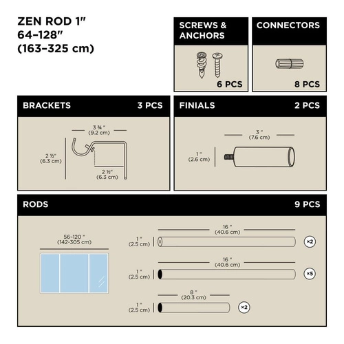 Karnisz pojedynczy Zen Umbra czarny mat metalowy regulowany 162-325cm do salonu lub sypialni