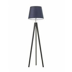 Lampa stojąca do salonu Aruba granatowa z abażurem drewniana trójnóg glamour Lysne 149 cm