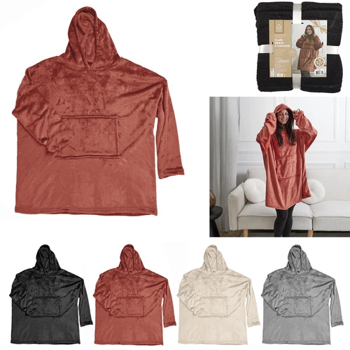 Bluzo koc pluszowy Intesi beżowy ciepły z kapturem na zimowe wieczory 120x81 cm