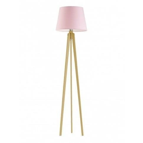 Lampa podłogowa drewniana Curacao z jasnoróżowym abażurem do salonu nowoczesna Lysne 158 cm