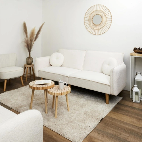 Sofa rozkładana z funkcją spania Boghena beżowa skandynawska 2 osobowa do salonu na wysokich nogach