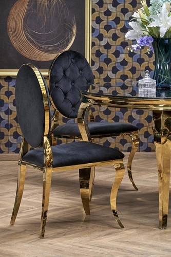 Stół okrągły szklany Munya czarny i złoty 120 cm nowoczesny glamour do jadalni Intesi