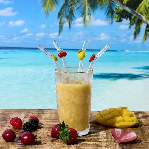 Zestaw 4 szklanych słomek Owoce ze szczoteczką