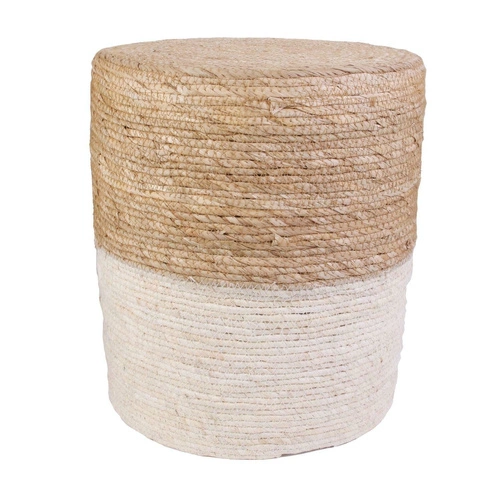 Pufa Bolsa okrągła boho pleciona naturalna i biała do salonu i sypialni Intesi 41 cm