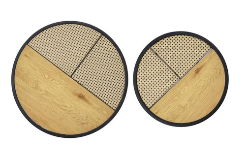 Zestaw 2 okrągłych stolików kawowych Namiga boho rattan dąb złoty i czarny do salonu 2w1